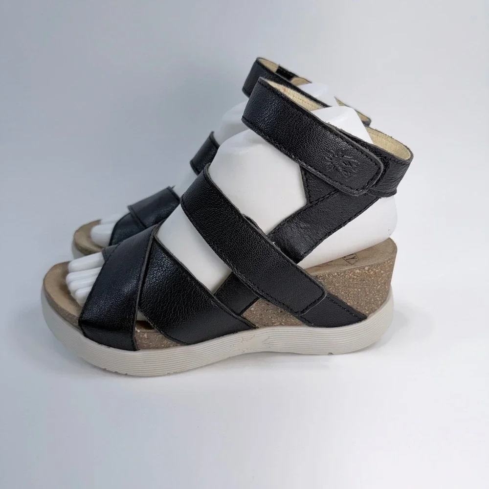 Fly London Black Wege669Fly Leather Wedge Hook & Loop Platform Sandals Womens 37